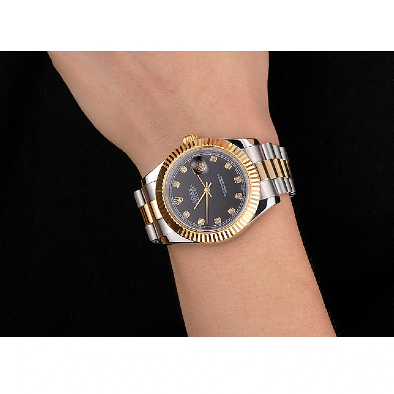 Aaa replica watch Swiss Stainless Black Case Steel Datejust Tone Bezel Bracelet Dial Gold Two Rolex 1014